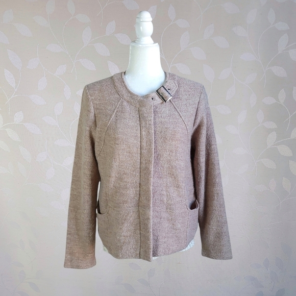 For Cynthia Cozy Wool Moto Buckle Zip Front Jacket Marled Beige Tan Petite Large - Picture 5 of 16